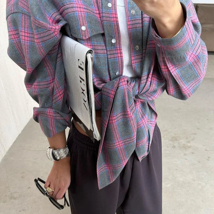 Oversized Plaid Shirt Autumn Winter Women Vintage Long Sleeve Fashion Loose Lapel Pocket Shirt Fit Blouse Korean Style - Smarsty