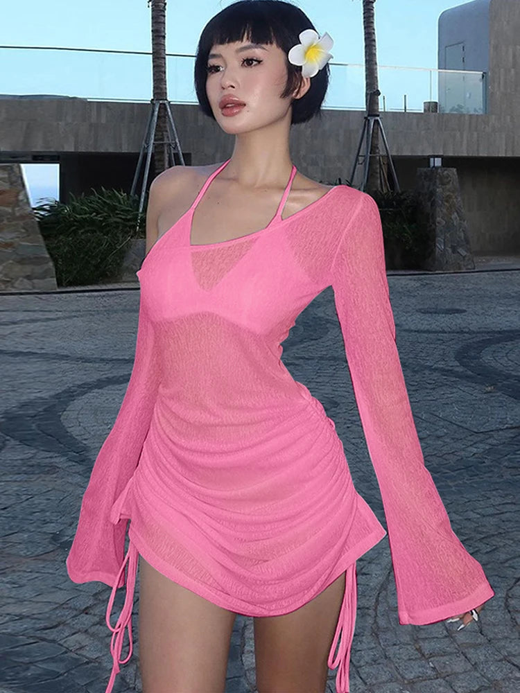 Dulzura Solid Skew Collar Ruched Straps Lace-Up See Through Draw String Mini Dress 2023 Summer Women Party Clubwear Wholesale - Smarsty
