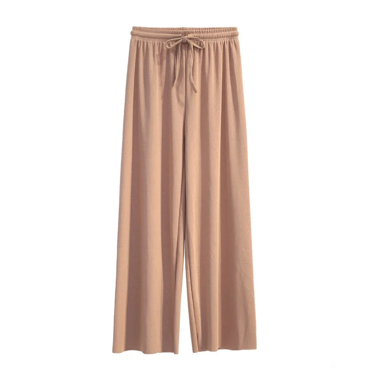 Women Ankle-Length Wide Leg Pants Casual Summer Solid Elastic Waist Loose Ice Silk Pants Spring Summer Female Trousers - Smarsty