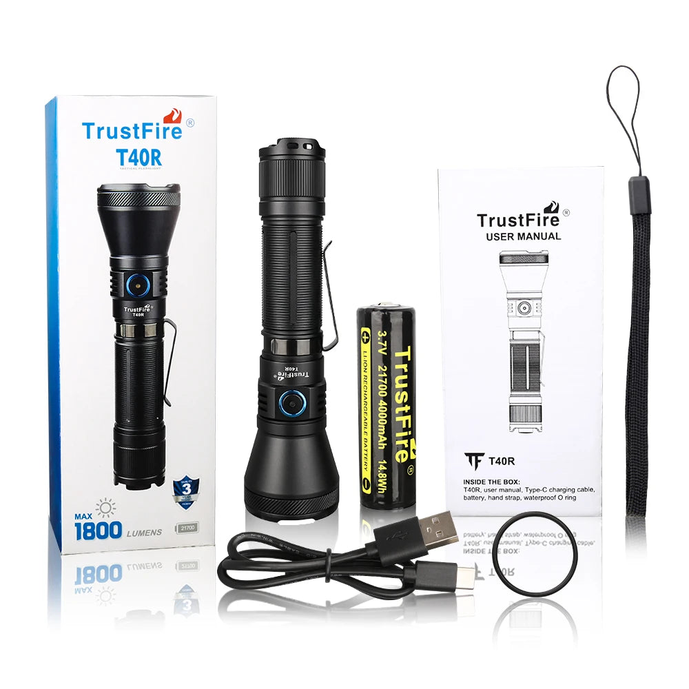 Trustfire T40R Tactical Rechargeable lamp 1800Lumen 550Meter Beam Range Led Flashlight with Usb Charging Self-defense IP68 Torch