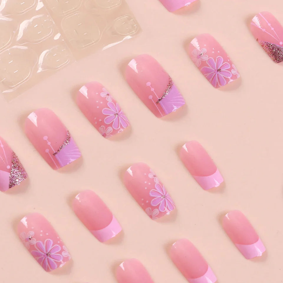 24 Pcs Short Square French Flower Nails Set - Smarsty