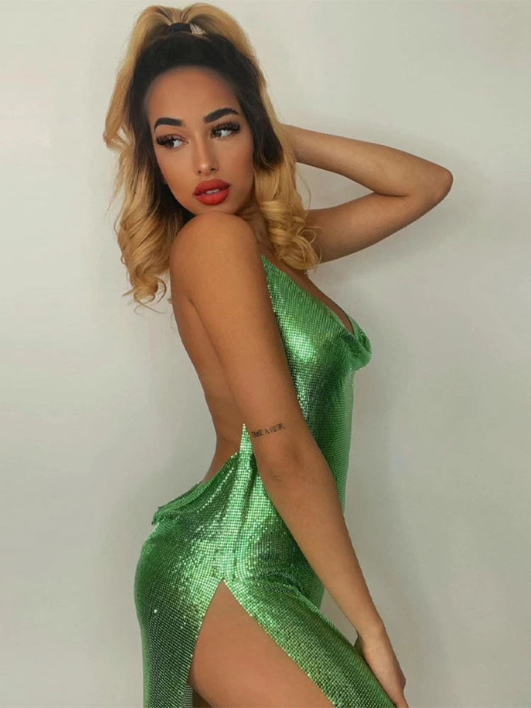 Sexy and Fashionable Women's Elegant Short Dress with Hanging Neck Backless Bottom Chest Sequin Party Girl Dance Dress - Smarsty