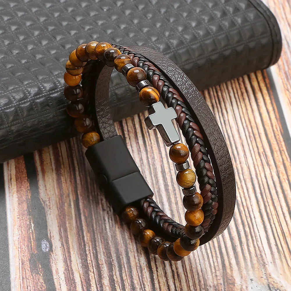 Men Leather Bracelet with Tiger Eye Beads Stylish Gift - Smarsty