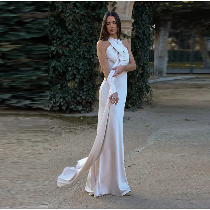 Elegant Solid Ribbon Women Halter Dress Off Shoulder Sleeveless Backless Slim Female Maxi Dresses 2025 Summer New Chic Lady Robe - Smarsty