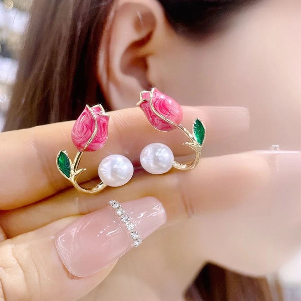 Elegant Rose Stud Earrings With Imitation Pearl Pink Tulip - Smarsty