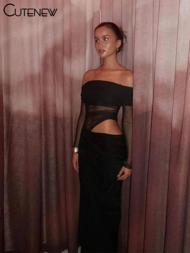 Cutenew Mesh Ruched Women Maxi Dress Sexy See Through Off Shoulder Long Sleeve Sheath Vestidos Female Midnight Party Solid Robe - Smarsty