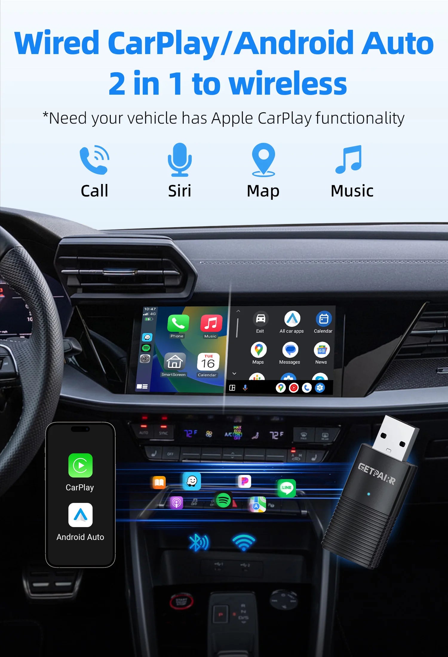 Wireless CarPlay Dongle Plug And Play For Android Auto - Smarsty