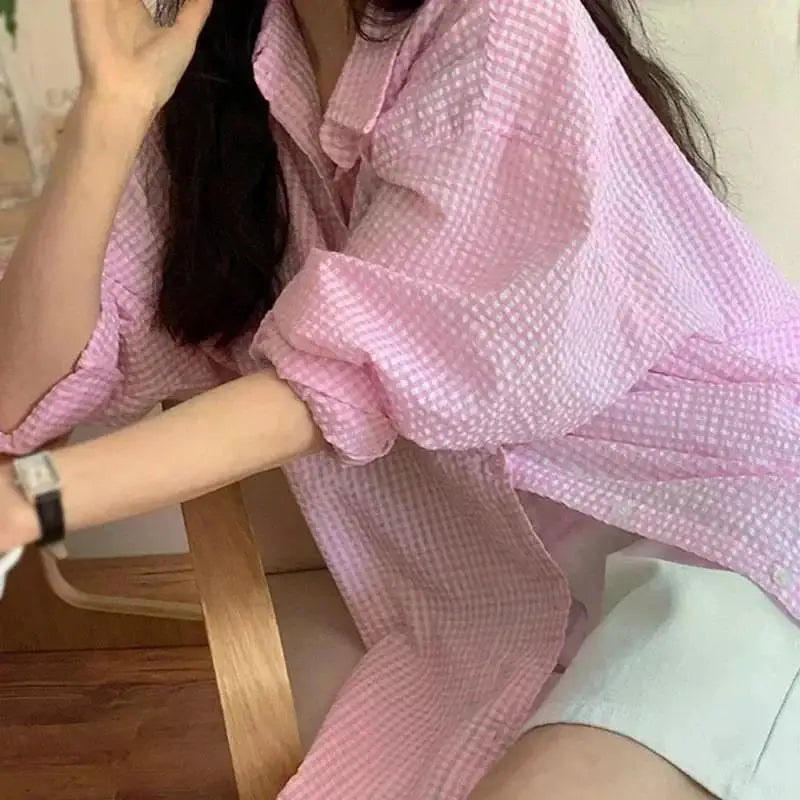Korean Women's Shirt Sunscreen Long Sleeves Shirt Summer Women's Loose Casual Single Breasted Turndown Collar Plaid - Smarsty