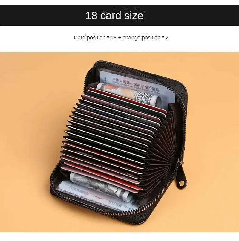 Multi Slot Card Holder Vintage Small Wallet Women Men Business Bank Credit Card Bag Male Coin Pouch Solid Leather Zipper Wallet - Smarsty