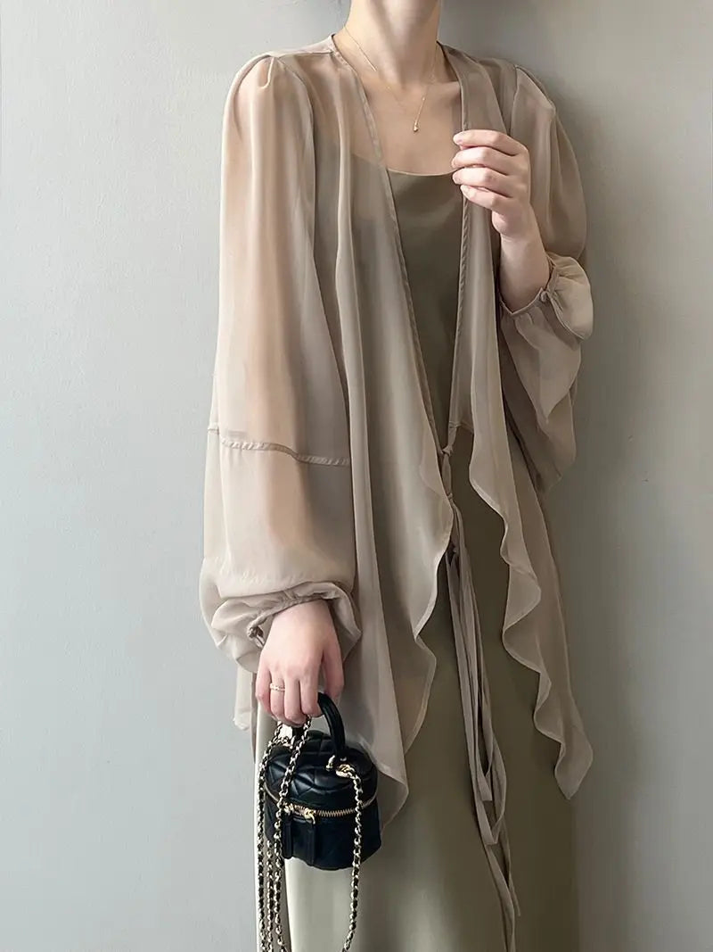 Shirts Women V-neck Loose Long Sleeve Open Stitch Korean Style Lace-up Simple Solid Summer Chiffon Breathable Minimalist Stylish - Smarsty