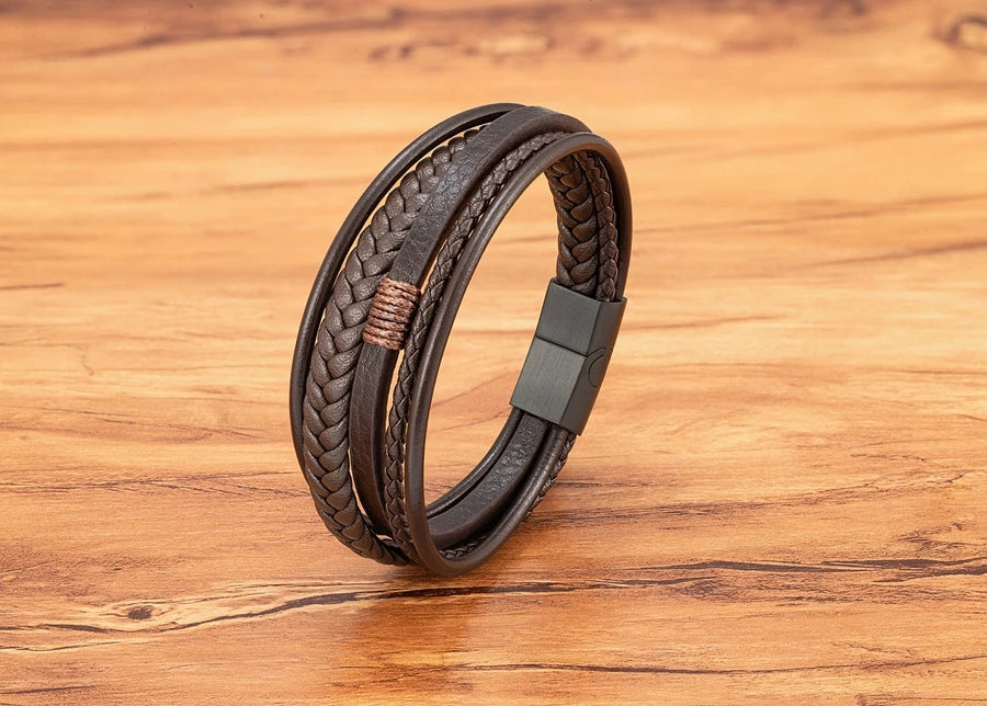 Mens Leather Bracelet Magnetic Buckle Multilayer Bangles - Smarsty