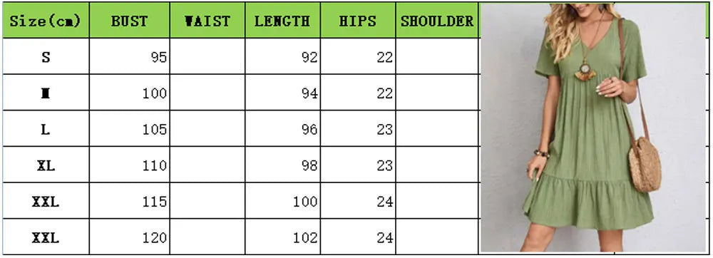 Women Summer Peplum Dresses Spring V-Neck Short Sleeve Loose Waist Ruffle Fit Flare Vocation Dresses - Smarsty