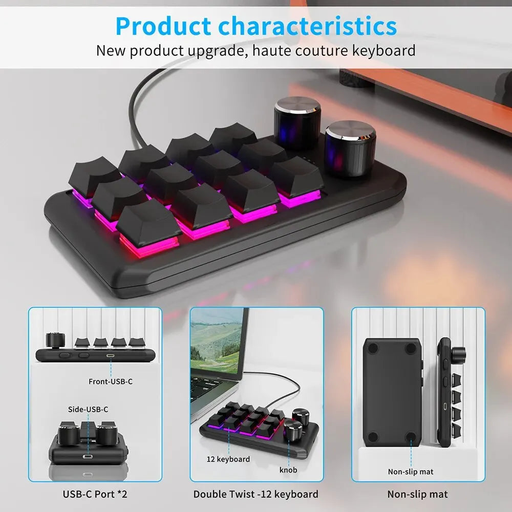 Bluetooth Macropad With 2 Knobs RGB 12 Key Mechanical
