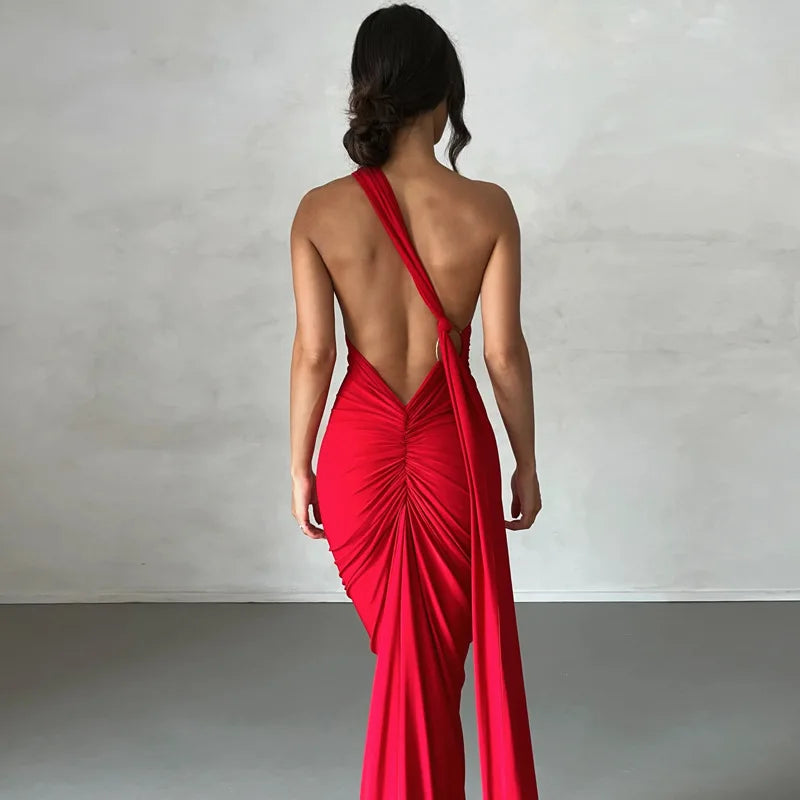 Hugcitar One Shoulder Backless Adjustable Scarf Loop Ruched Sexy Maxi Dress Women Elegant Y2K Streetwear Festival Outfit - Smarsty