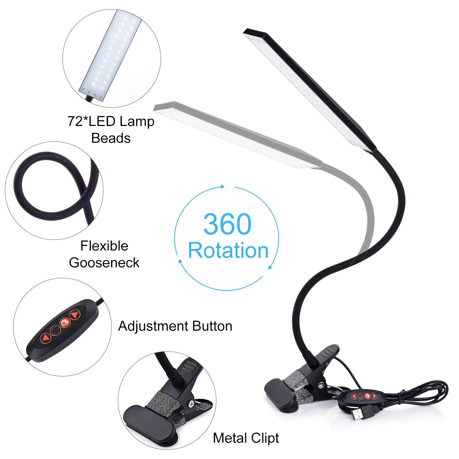 5W LED Clip on Desk Lamp with 3 Modes 11 Brightness 2M Cable Dimmer 14 Levels Clamp Table Lamp
