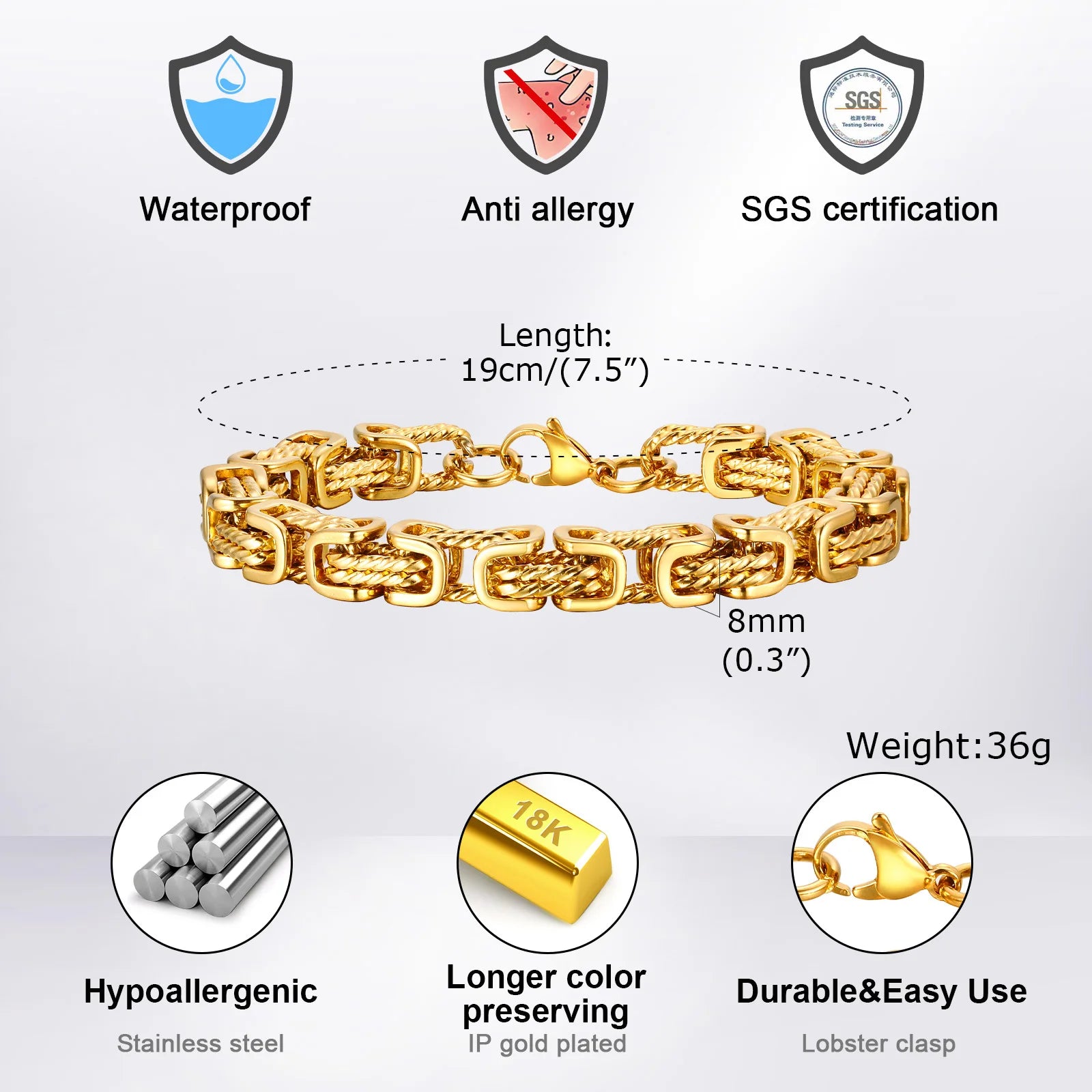 Mens Chunky Byzantine Bracelet Stainless Steel Wristband - Smarsty