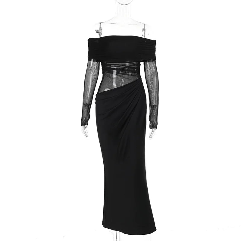 Y2k Summer New Solid Color Long Sleeve Off Shoulder Dresses Sexy Wrap Hip Mesh See Through Ruched Patchwork Long Dress 2024 New - Smarsty