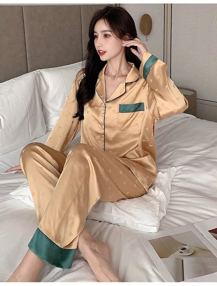 Top Autumn New Ice Silk Women Pajama Lapel Button Cardigan Outfits for Women 2 Piece Set Fashion Printing Set Clothes for Women - Smarsty
