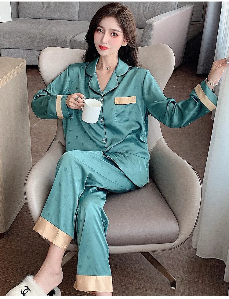 Top Autumn New Ice Silk Women Pajama Lapel Button Cardigan Outfits for Women 2 Piece Set Fashion Printing Set Clothes for Women - Smarsty