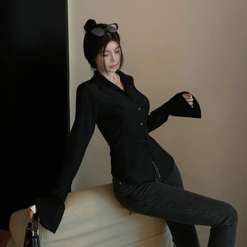 Gidyq Fashion Women Bandage Shirts Korean All Match Streetwear Female Slim Blouse Spring Casual White Bell Sleeve Shirt New - Smarsty