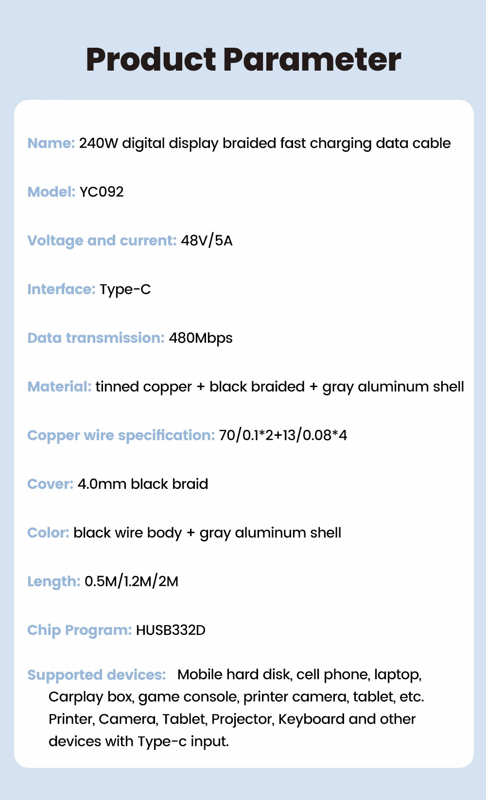 240W Type C to Type C Super Charge Digital Display Cable 0.5m-2m USB C Data Cable For Iphone 15 16 Samsung s24 s23 Huawei Xiaomi - Smarsty