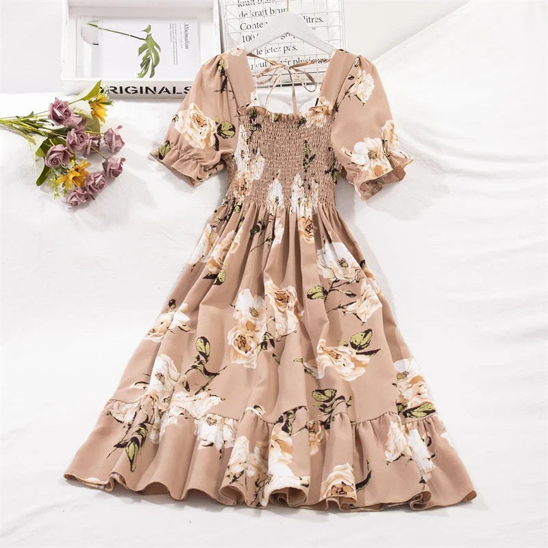Spring Summer Chiffon Dresses Fashion Female Elastic Waist Short Sleeve Pleated Casual Dress Women A-line Dresses Vestidos - Smarsty