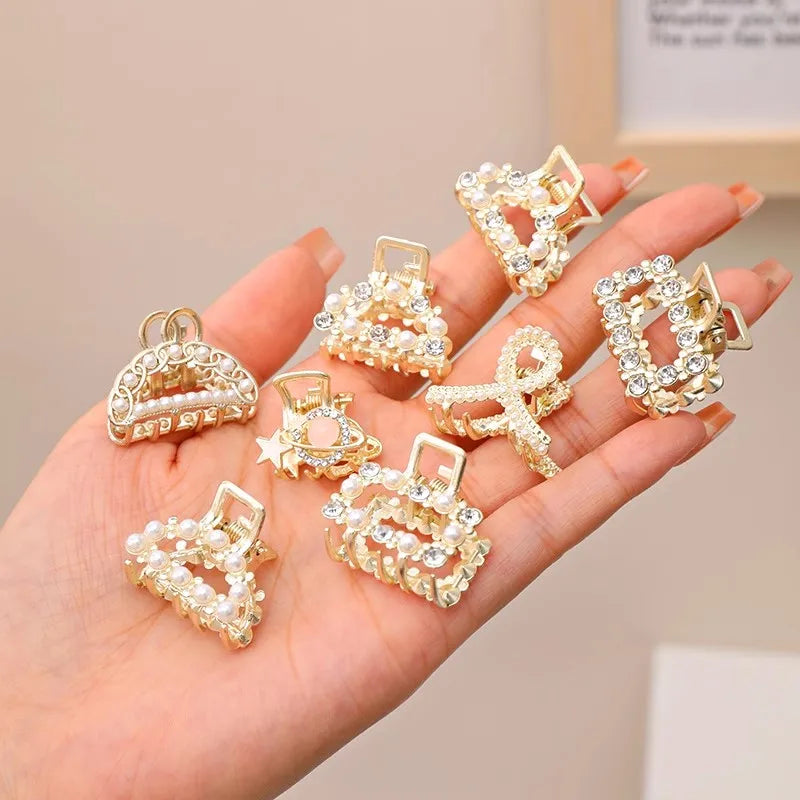 Mini Rhinestone Pearl Hair Claws For Women Sweet Geometric - Smarsty