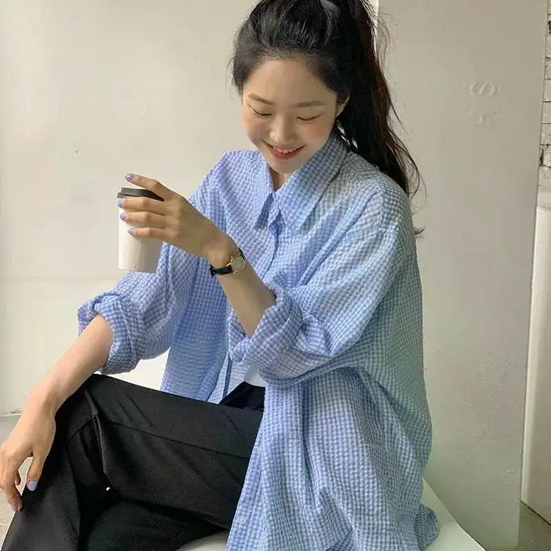 Korean Women's Shirt Sunscreen Long Sleeves Shirt Summer Women's Loose Casual Single Breasted Turndown Collar Plaid - Smarsty