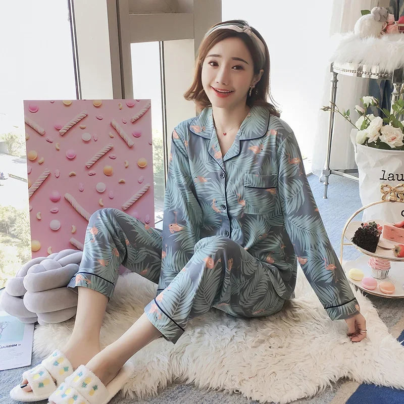 Women's Pajamas Set V-Neck Button down Top and Trousers Sleepwear Homewear Casual Nightwear Loungewear Autumn Winter Two-Piece - Smarsty