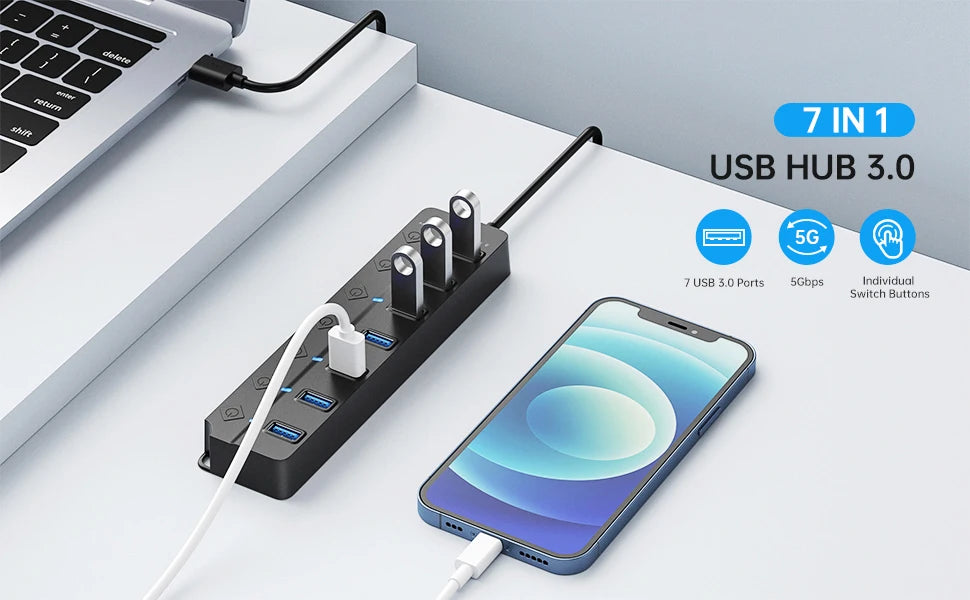 USB 3.0 Hub 7 Port High Speed Powered Switch Cable