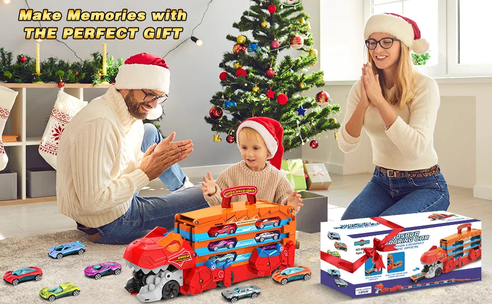 Dinosaur 3-In-1 Transport Truck Car Toys for Boys Age 3+ 8 Race Cars Ejection Folding Portable Track Toy with Sound for Kids