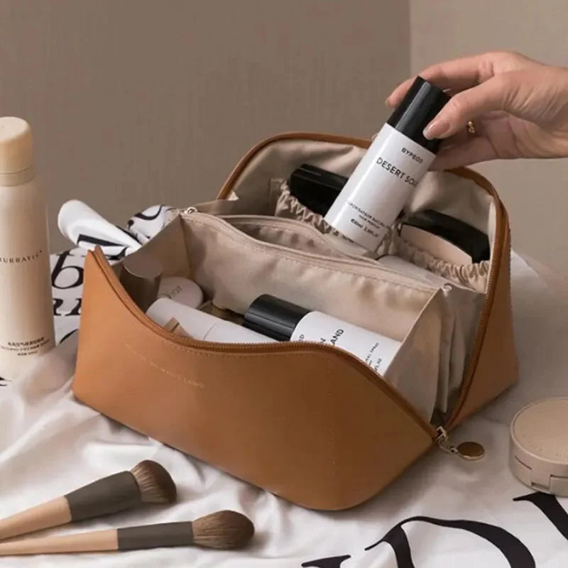 Fashion Portable PU Leather Large Capacity Travel Cosmetic Bags Makeup Pouch Women Waterproof Bathroom Multifunction Wash Bag - Smarsty