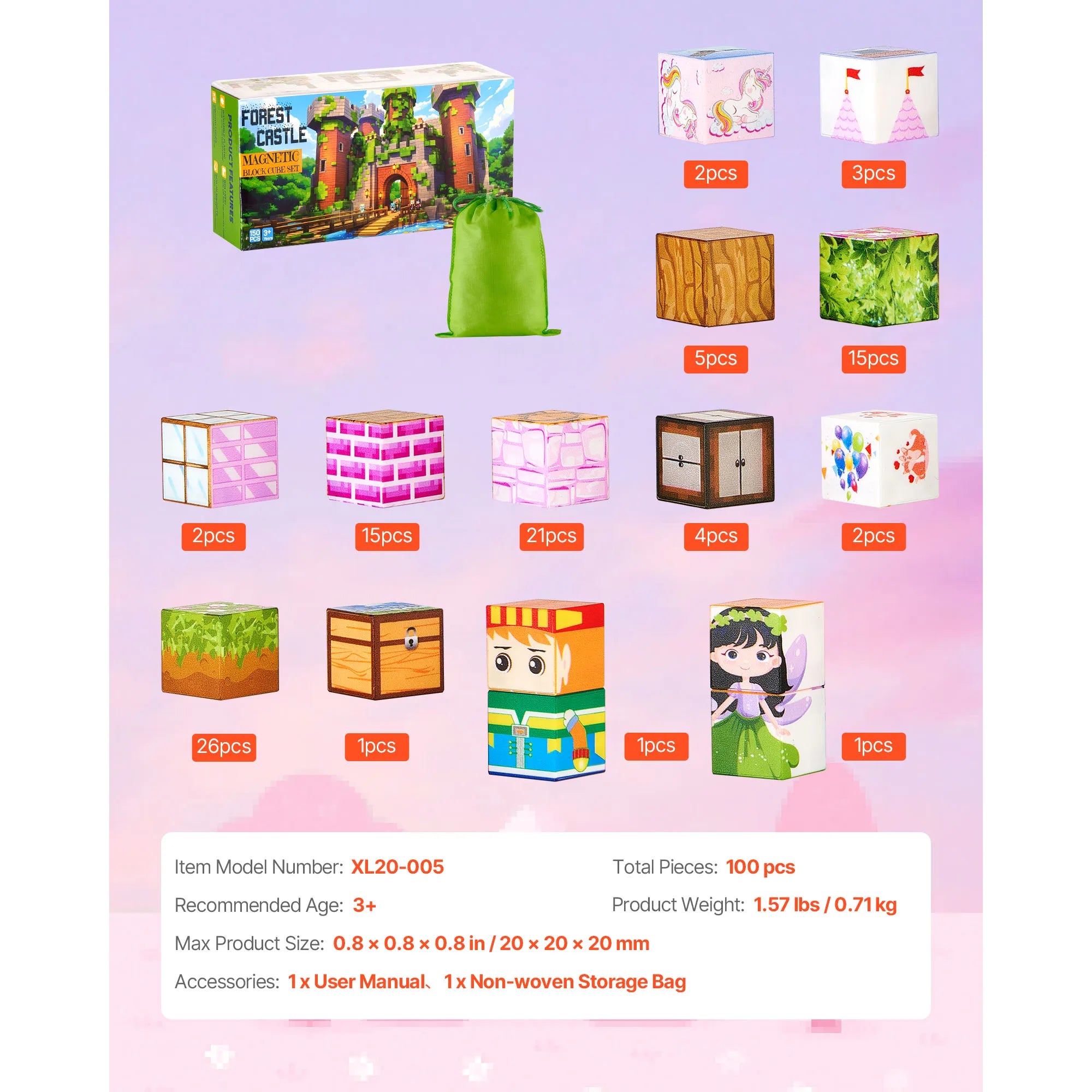 SucceBuy 100PCS Magnetic Blocks Princess Castle Set Magnetic Building Cubes STEM Montessori Sensory Toys for Kids Birthday Gift