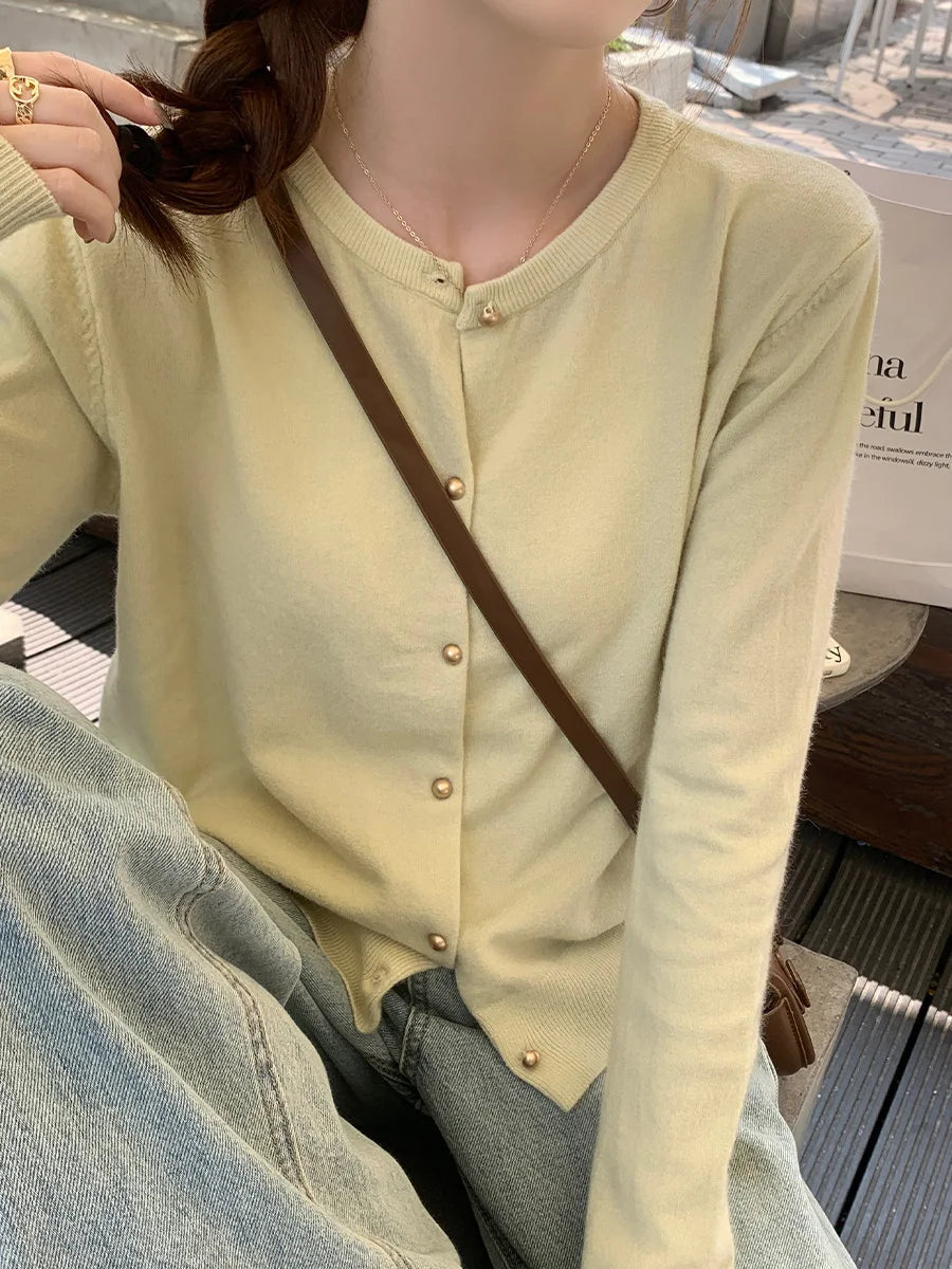 Solid Color Knitted for Women Cardigan Korean Single Breasted Long Sleeve Jumper Woman Round Neck All Match Cardigans Outwear - Smarsty