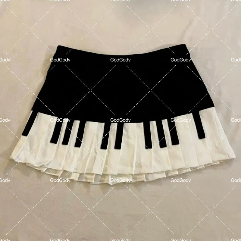 Spring Black White Spliced Women Short Skirt 2025 Y2k Slim Design Harajuku Mini Skirt Female Empire Korea Style Chic Piano Skirt - Smarsty