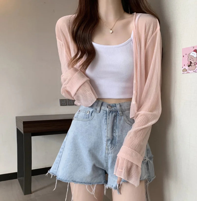 2025 Fairy Style Solid Cardigan Women Summer New Long Sleeve Sunscreen Sweet Beading V-neck Basics Loose Chiffon Cardigan - Smarsty