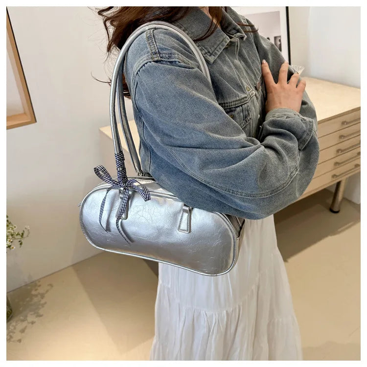 Large Capacity Silver Women Shoulder Bag Daily Use Casual - Smarsty
