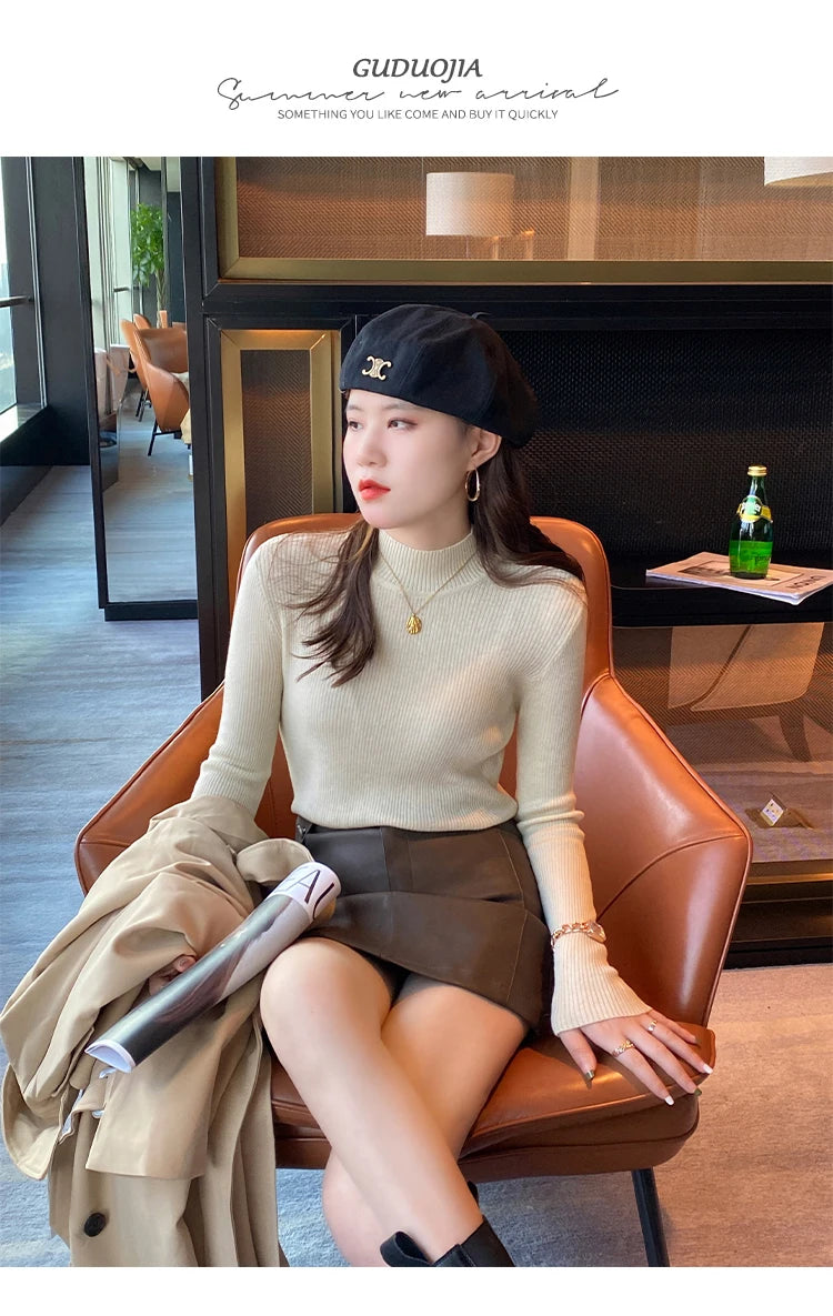 Autumn Winter Mock Neck Women Sweater Vintage Basic Solid Knitted Korean Tops Casual Slim Pullover Sweaters Simple Chic Jumpers - Smarsty