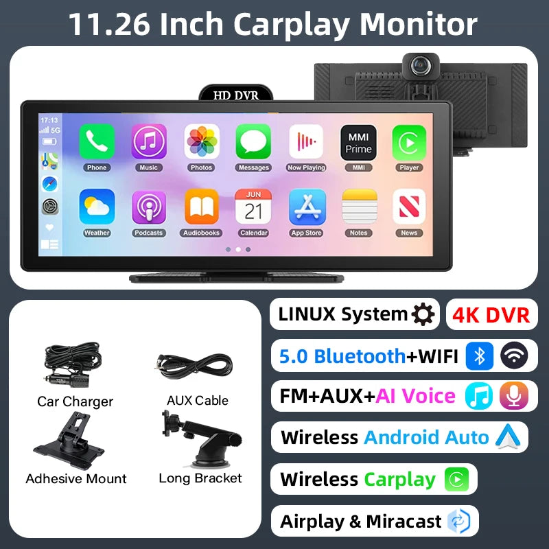 4K Dash Cam With Dual Lens GPS Navigation Wireless CarPlay - Smarsty