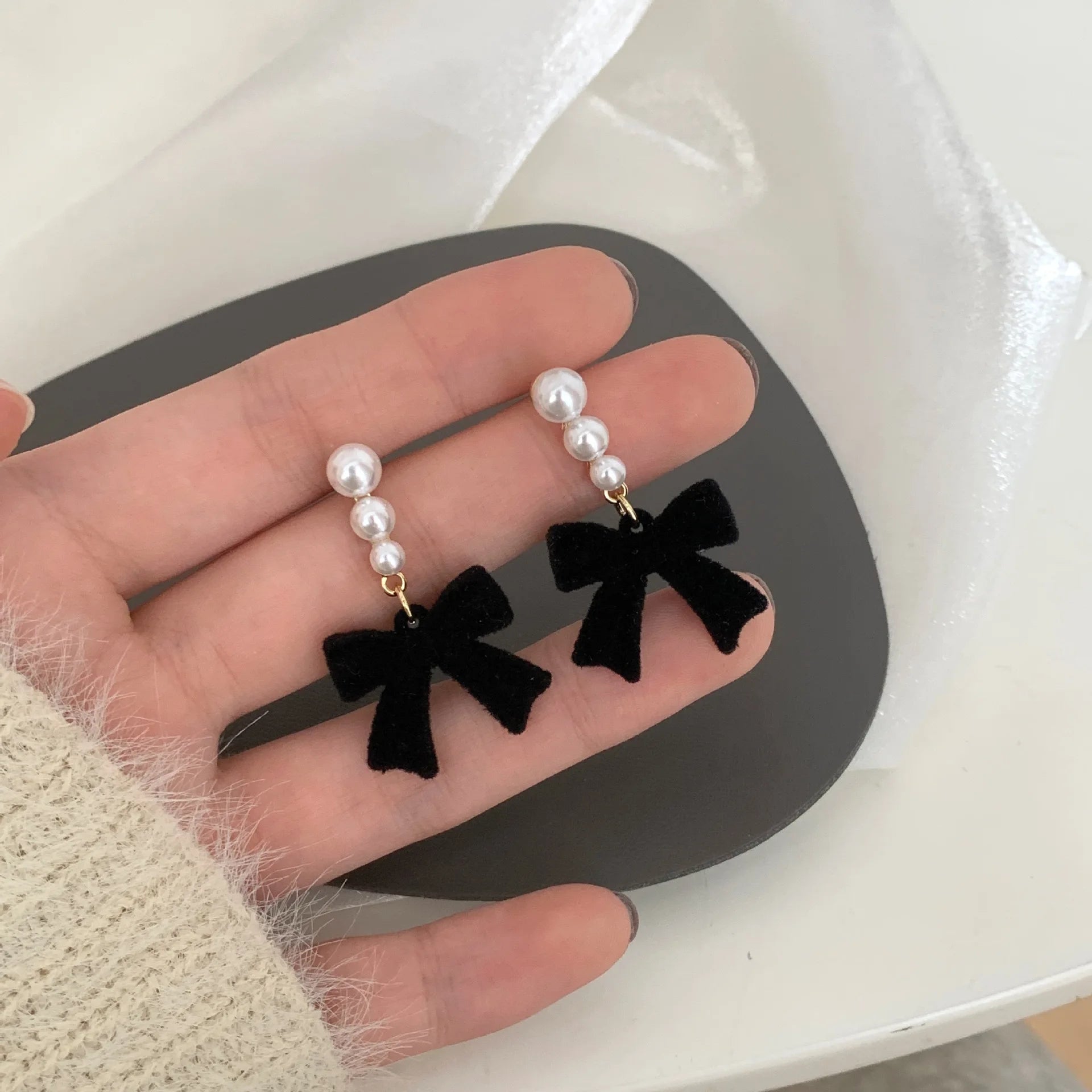 Red Black Bowtie Earrings with Simulated Pearls for Women - Smarsty