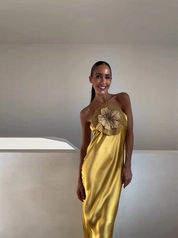 Elegant Party Women's Dress 3D Flower Halter Sleeveless Backless Mermaid Satin Female Dresses 2025 Summer Chic Evening Lady Robe - Smarsty