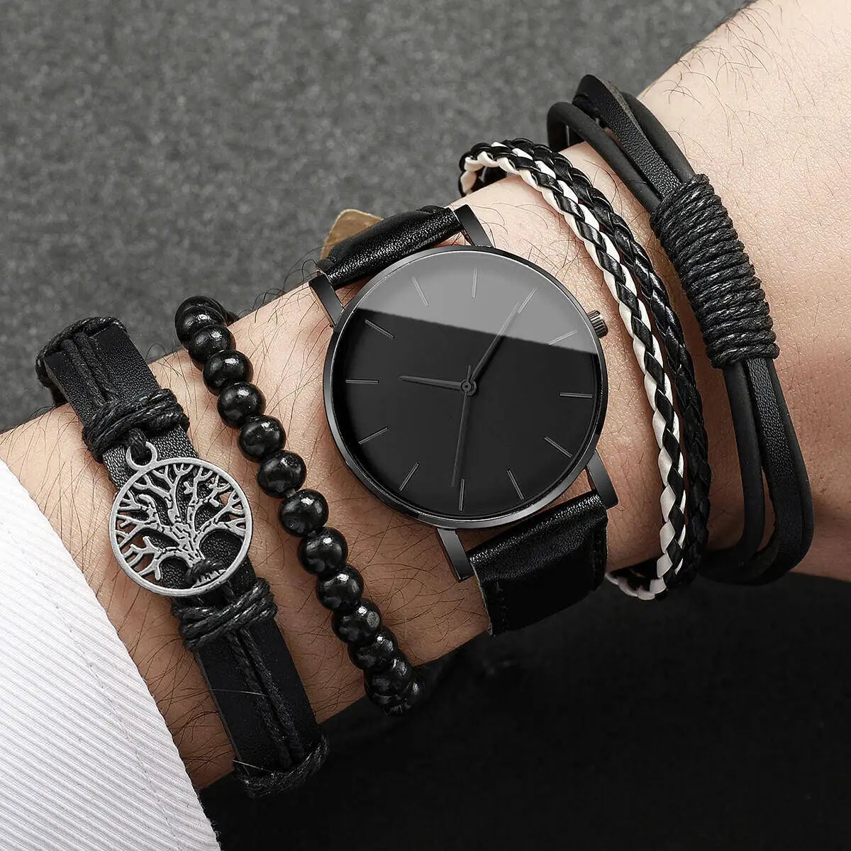 Fashion Leather Strap Men Quartz Watch Set - Smarsty