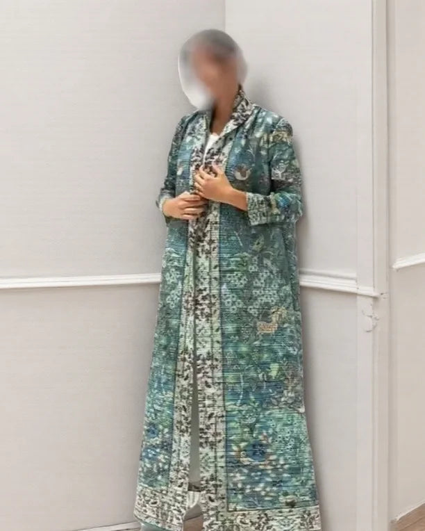 Women's Fold Miyake Pleated Abaya Long Sleeve Print Foldable Collar Robe Cardigan Coat New Winter Fashion Original Design 2024 - Smarsty
