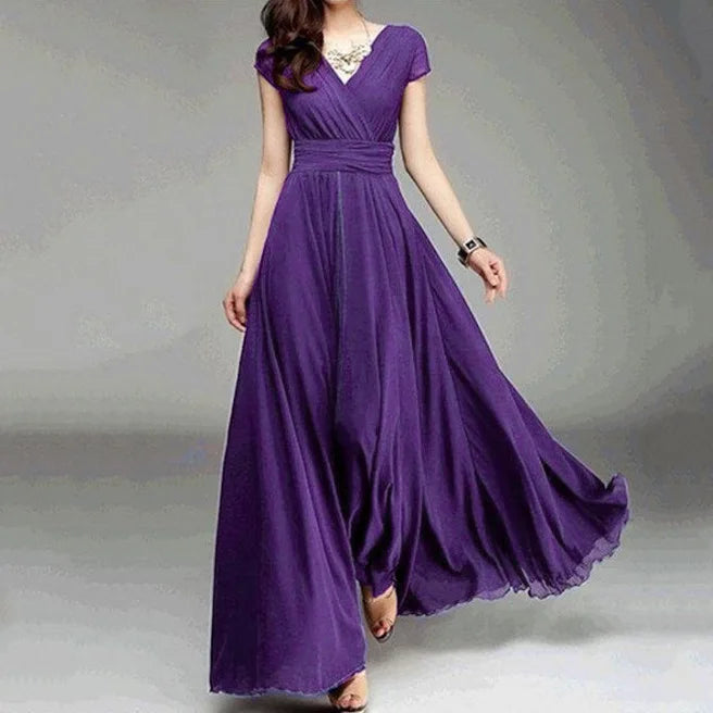Women's Short-Sleeved Chiffon Evening Dress, Female Party Dress, Monochromatic, Bohemian, Long, Elegant, New, 2022 - Smarsty