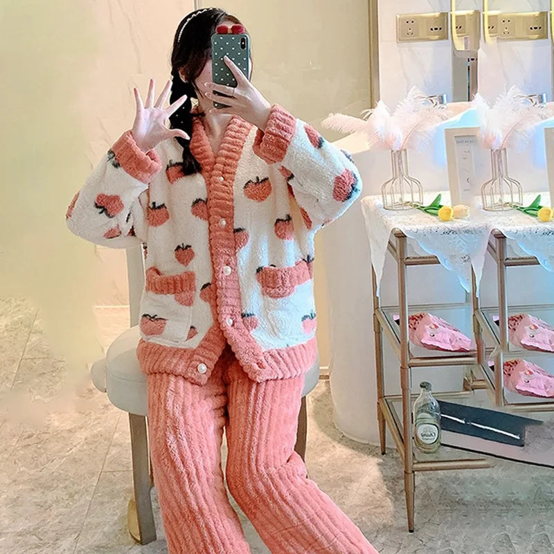 Padded and Thickened Warm Flannel Women Pajamas Loungewear Winter Peach Sleepwear Homewear Coral Velvet Two-Piece Set Nightwear - Smarsty