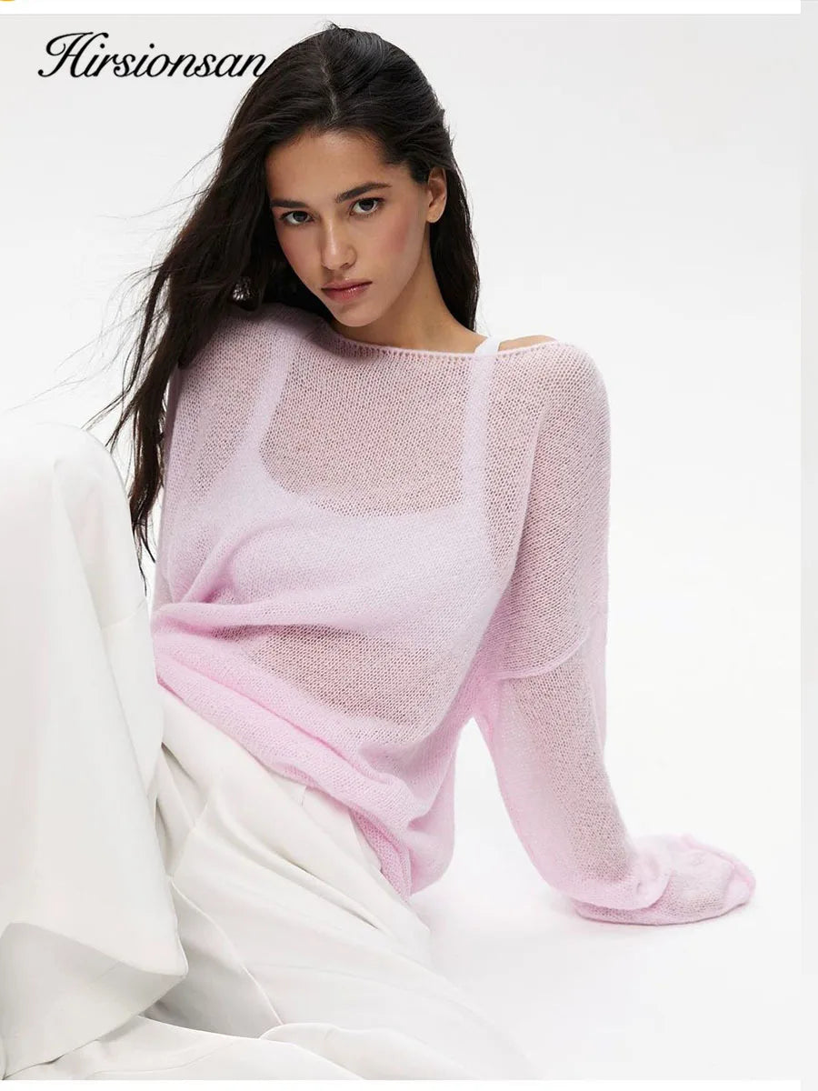 Hirsionsan Elegant Sweater Women 2024 Summer Autumn Casual Fashion Loose Women Pullovers Chic Pink White Jumper Sueter Mujer - Smarsty