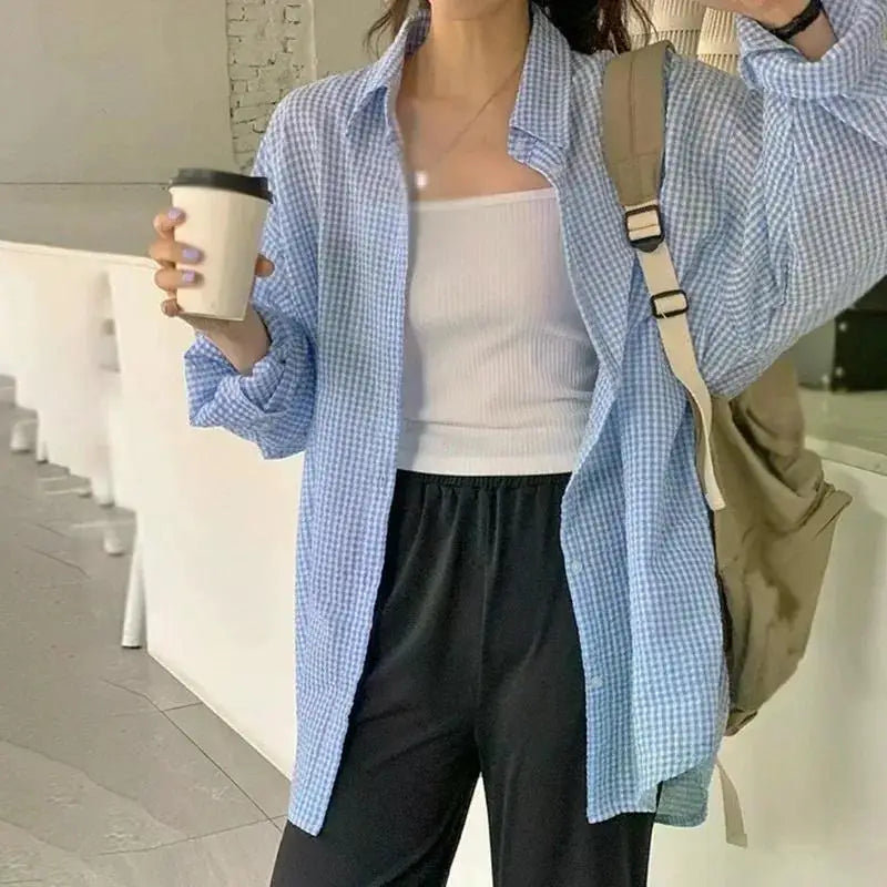 Korean Women's Shirt Sunscreen Long Sleeves Shirt Summer Women's Loose Casual Single Breasted Turndown Collar Plaid - Smarsty