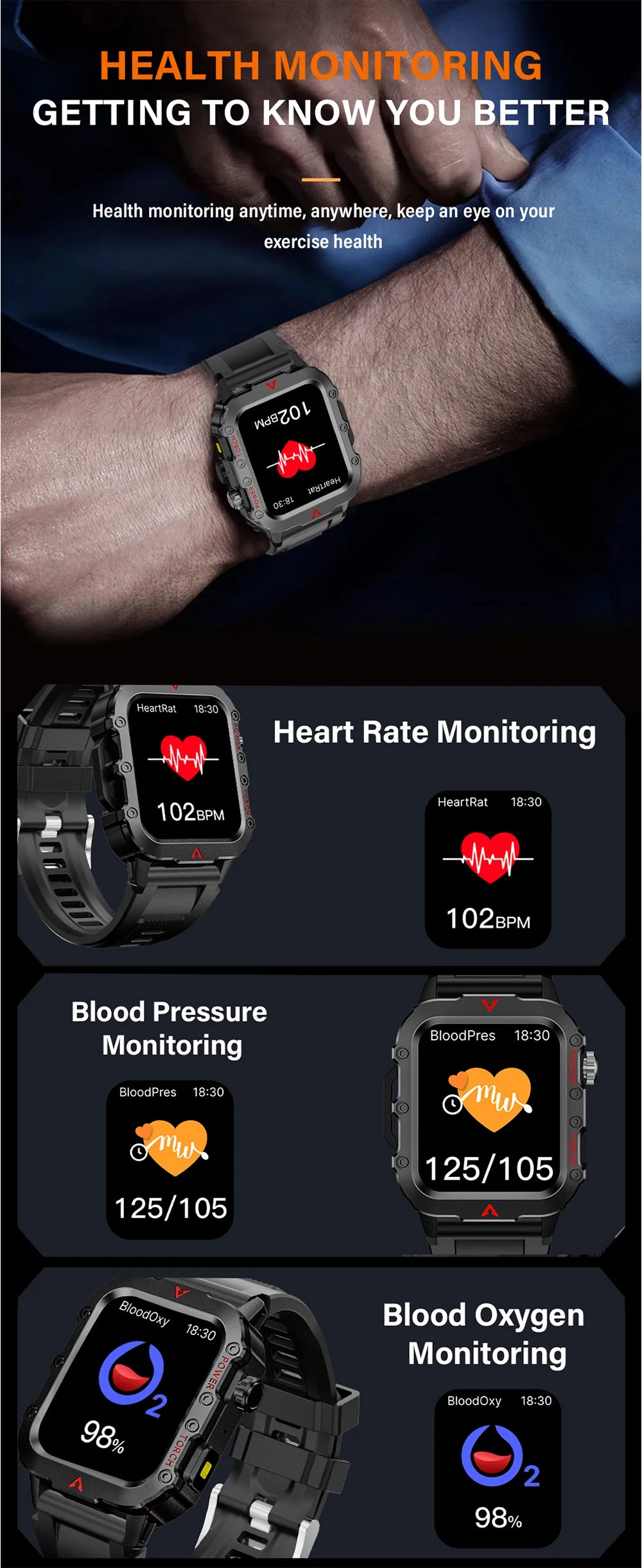 LAXASFIT Men Sports Smart Watch with Blood Oxygen Monitor - Smarsty