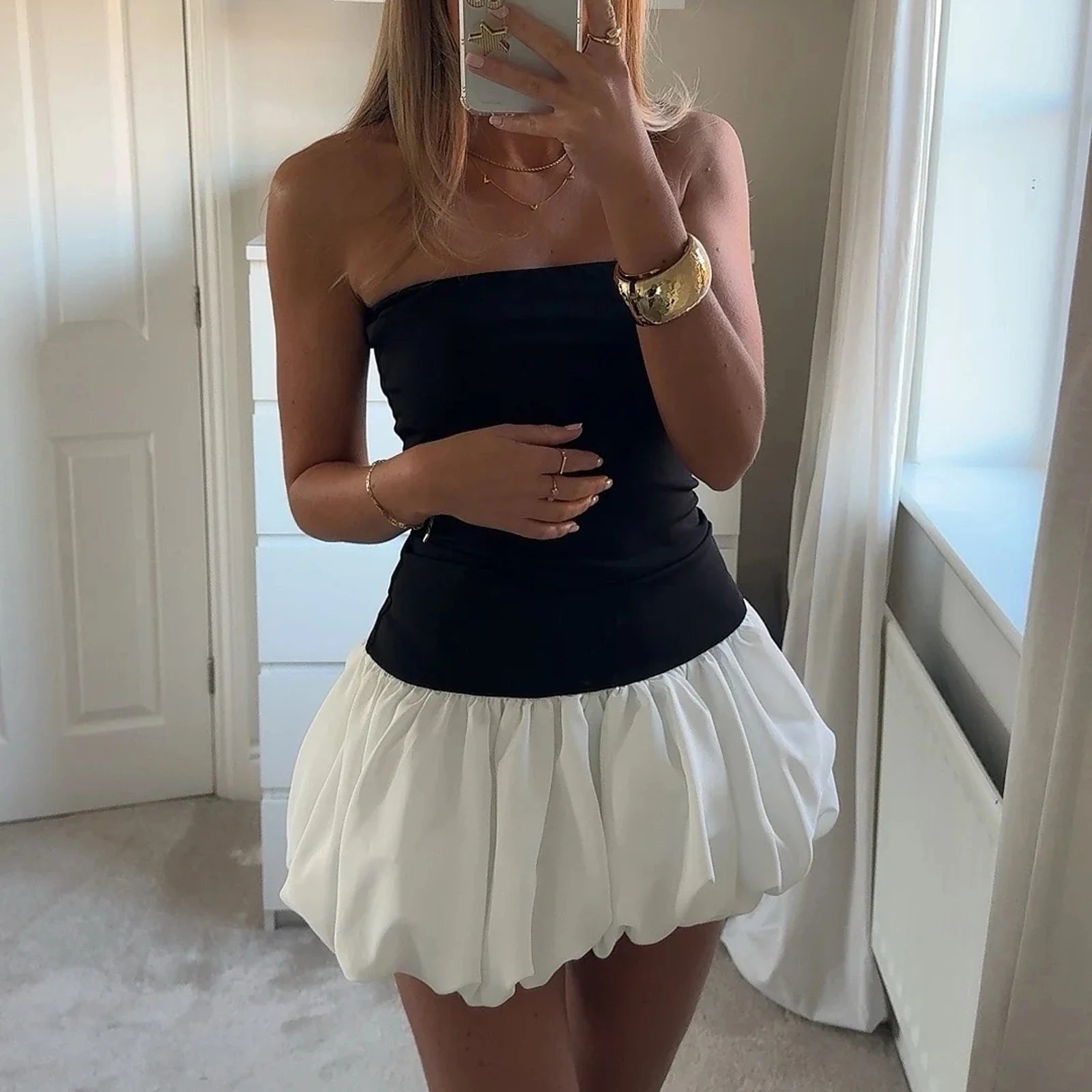 Sexy Strapless Mini Dress NEW Summer Solid Color Puff Bubble Short Gown Dress Off Shoulder Party Dress for Cocktail Streetwear - Smarsty