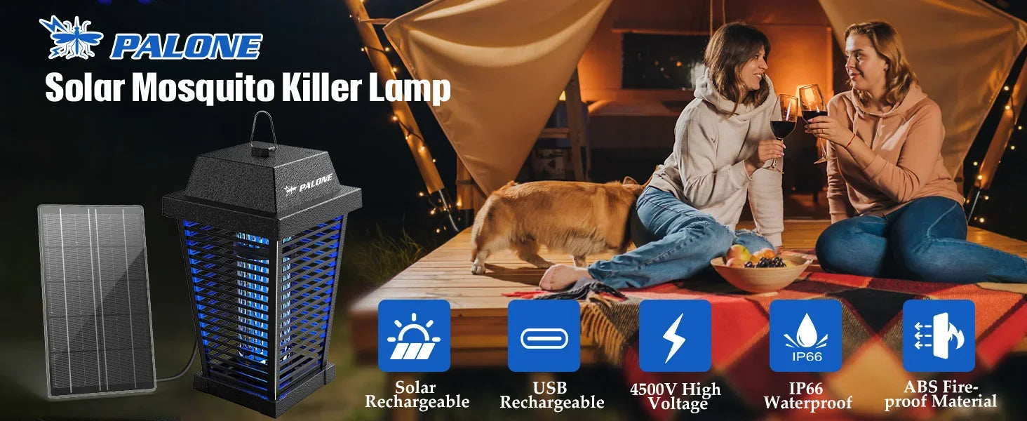Solar Bug Zapper 4500V Electric Mosquito Zapper Outdoor,USB-C and Solar Panel Dual Charging Electric Zapper Racket with UV Light
